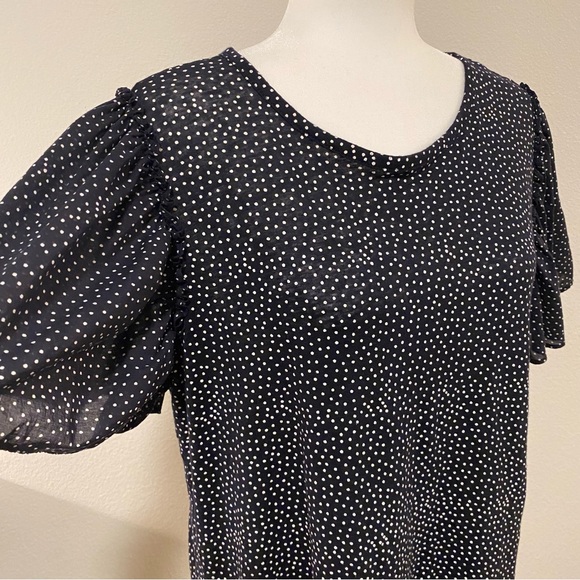 LOFT Black White Polka Dot Linen Flutter Sleeve Blouse - Picture 6 of 11